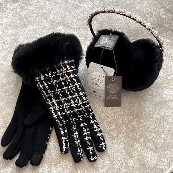 NWT Vince Camuto Faux Fur Earmuffs w/ Embellished Headband & Marcus Adler Gloves